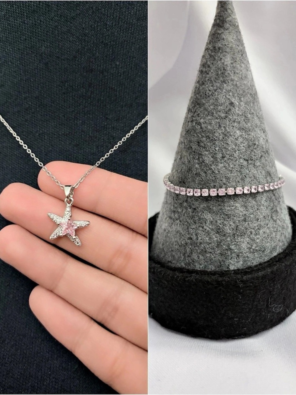 Silver Pink Starfish Necklace with matching pink bracelet